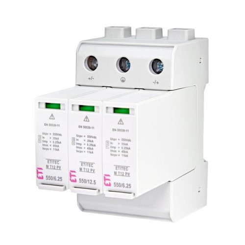 Överspänningsavledare PV DC Typ 1+2 (B+C) 1100V 3P 20kA 3,8kV ETITEC M 1100/12,5 Y 002440511 ETI GPV-401-38