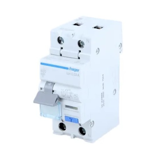 Jordfelsbrytare med överströmsenhet B 16A 1P+N 6kA 30mA typ AC ADC916D HAGER GPV-401-91