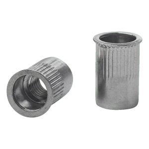 Genomföringsnitbult M8 A2 – reducerad konisk fläns, räfflad, AISI 304