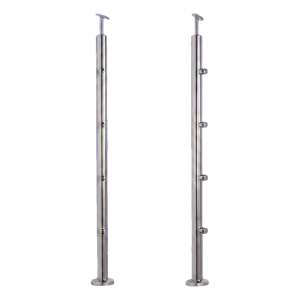 PSG genomgående räcksstolpe Ø42,4 mm i rostfritt stål AISI 304 – 4 fästen Ø12, golvmontering